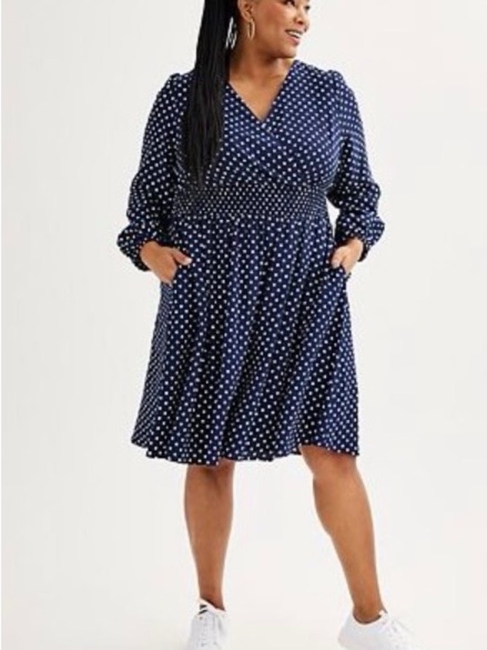Polka Dot Smocked-Waist Navy Dress